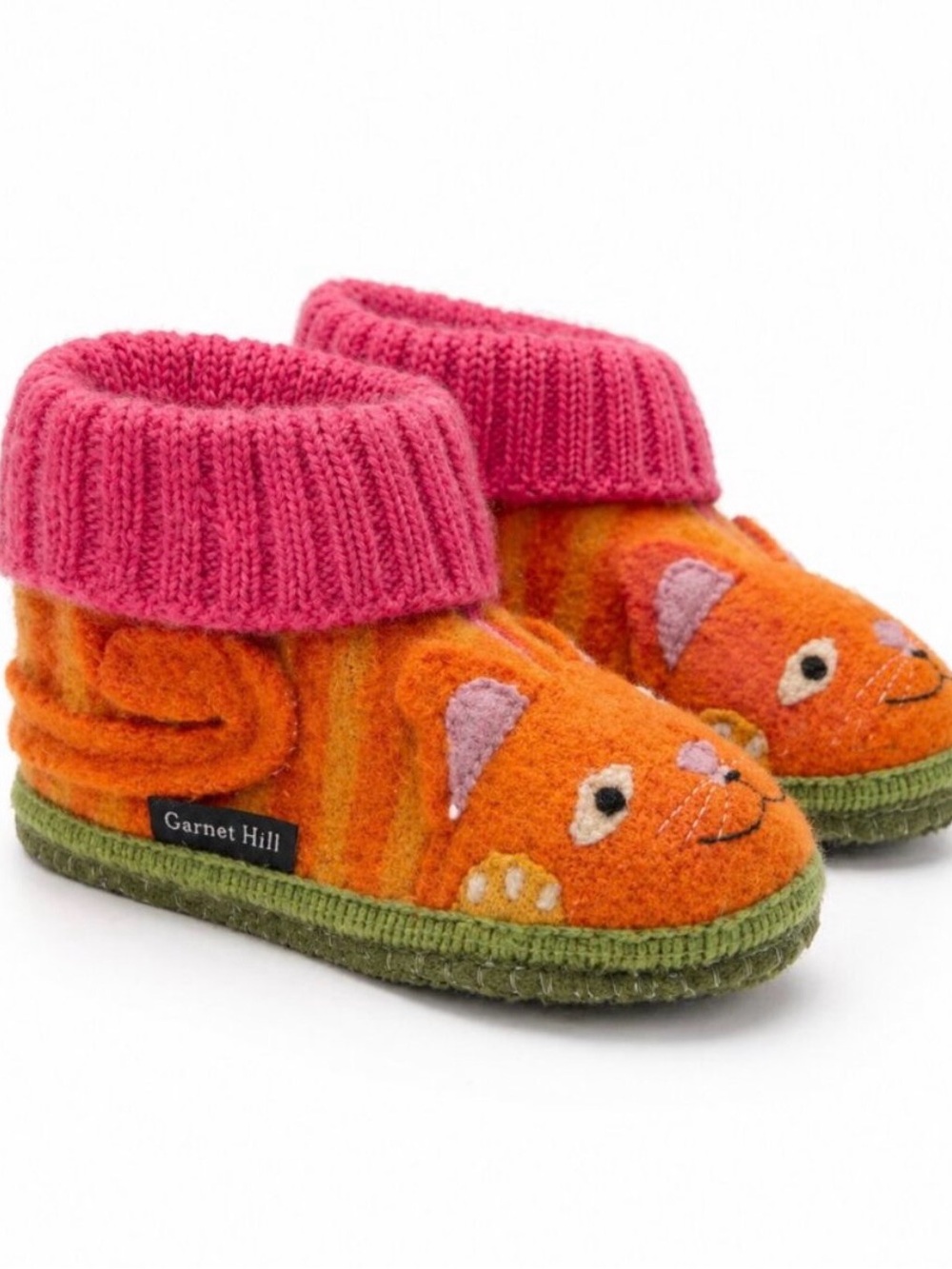 Garnet Hill Slipper Boots Kid 10 Orange Pink Wool Animal Tiger Kitty Cozy Bootie